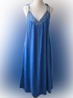 H&M Blue Linen Blend Lace Trim Maxi Dress Boho Resort Small